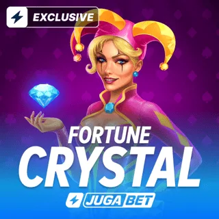 Portada del juego Fortune Crystal, marcada como exclusiva, con una arlequina y un cristal azul.